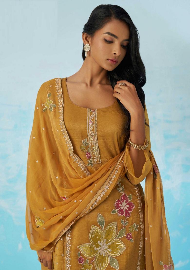 Mustard Yellow Embroidered Crushed Kurta Set - Indya