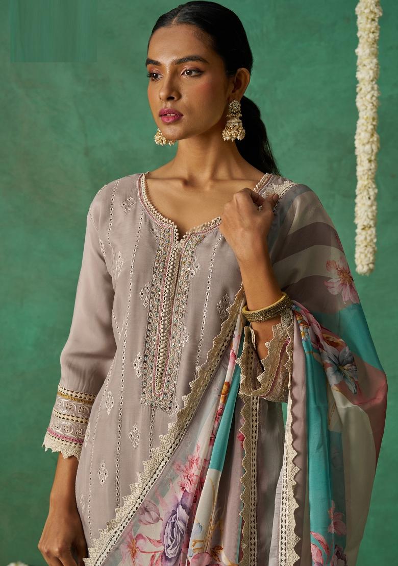 Pastel Purple Embroidered Organza Kurta Set - Indya