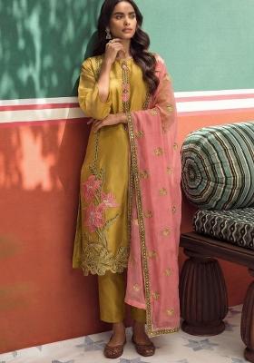 Yellow Embroidered Silk Kurta Set