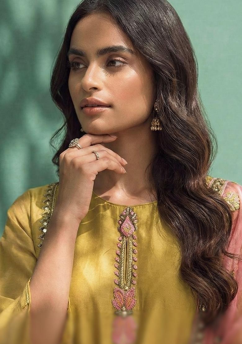 Yellow Embroidered Silk Kurta Set - Indya