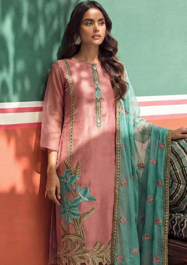 Pink Embroidered Silk Kurta Set - Indya