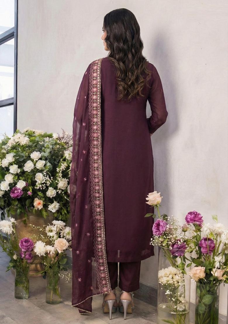 Purple Embroidered Georgette Kurta Set - Indya
