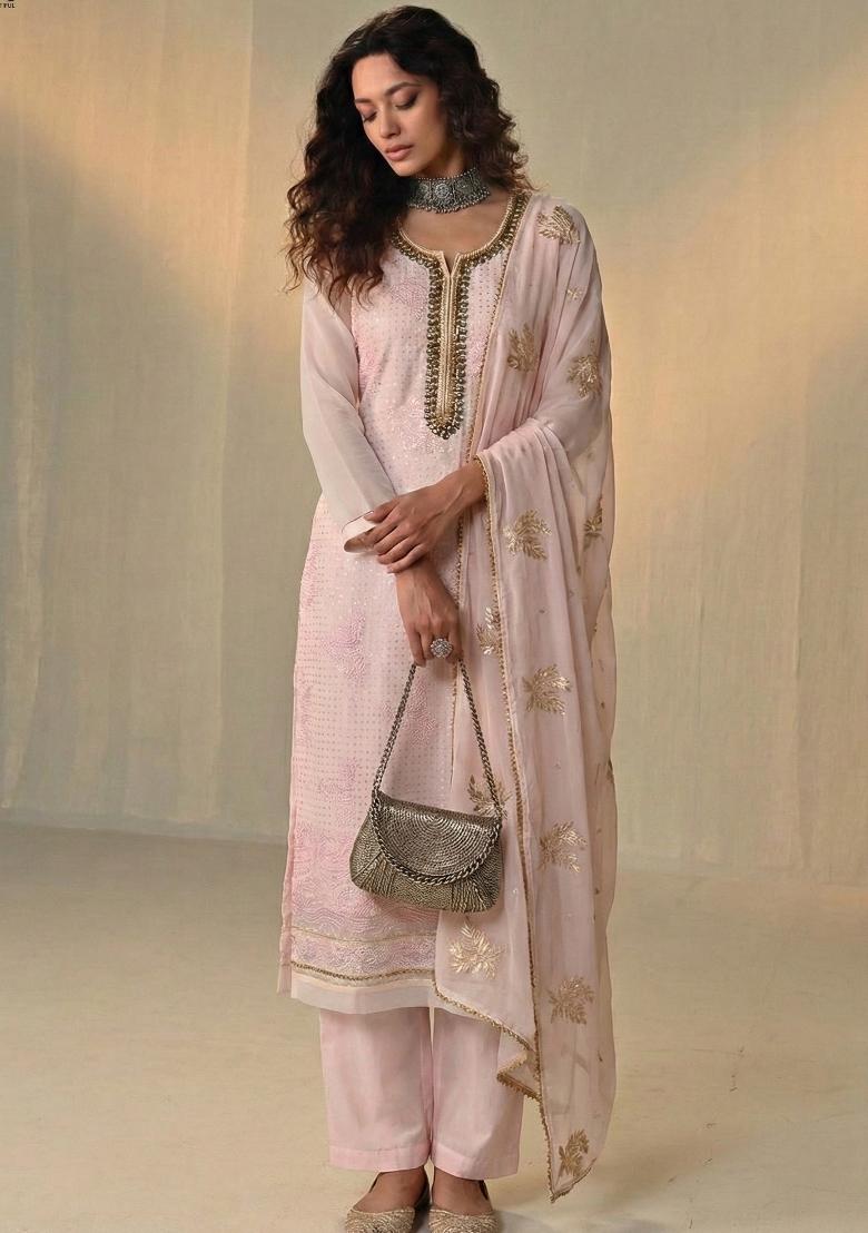 Pink Embroidered Georgette Kurta Set - Indya