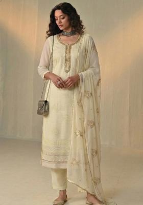 Cream Embroidered Georgette Kurta Set