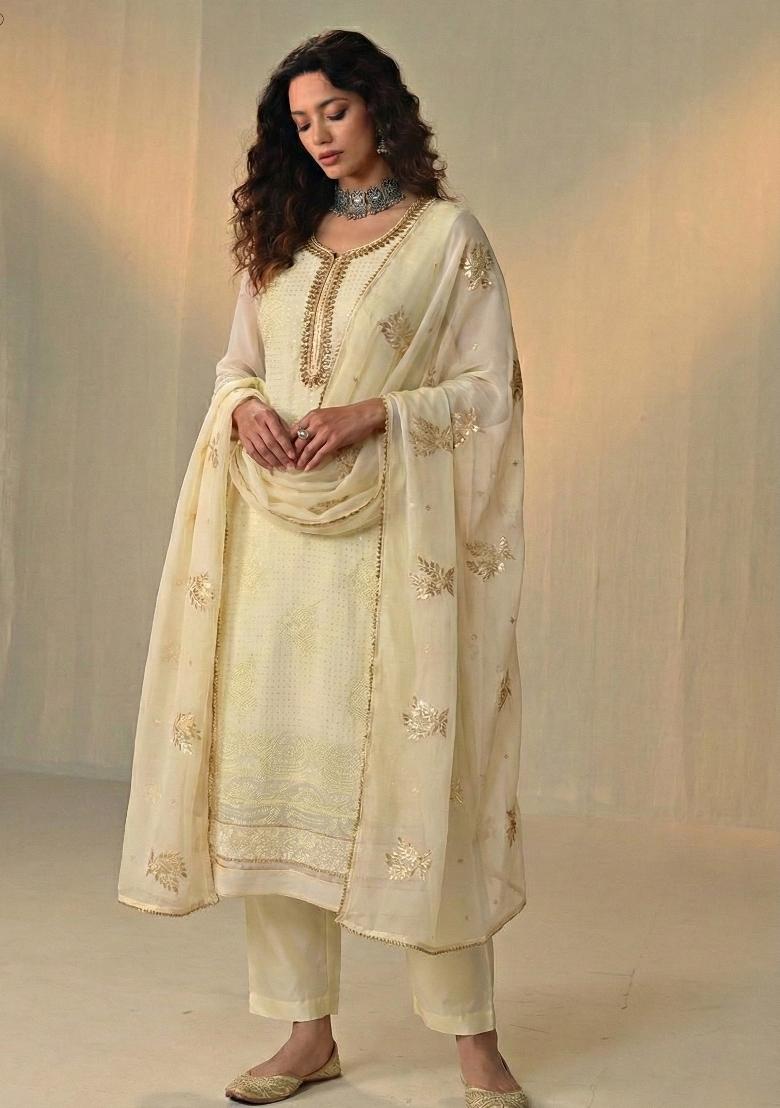 Cream Embroidered Georgette Kurta Set - Indya