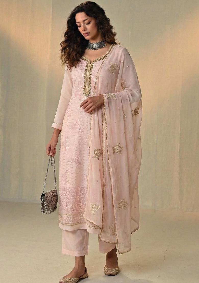 Pink Embroidered Georgette Kurta Set - Indya