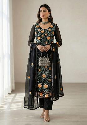 Black Embroidered Georgette Kurta Set