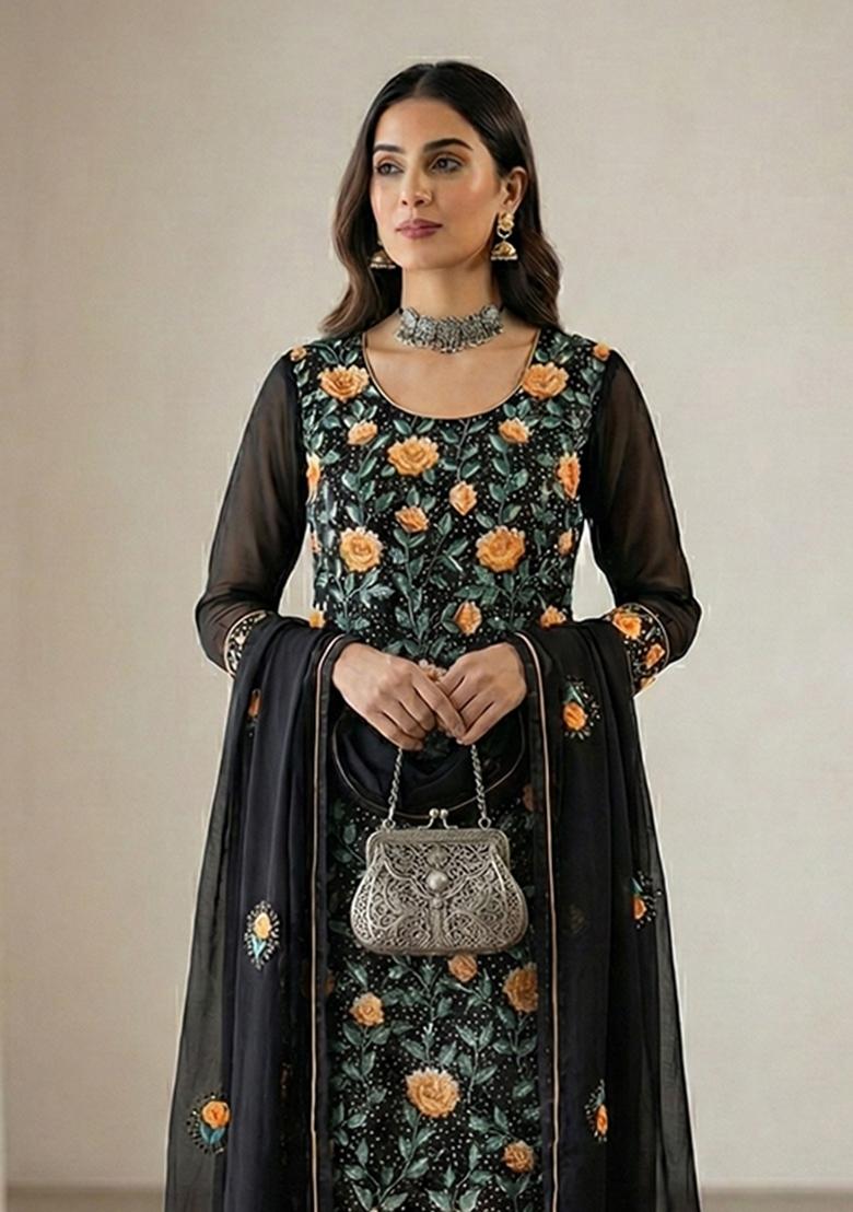 Black Embroidered Georgette Kurta Set - Indya