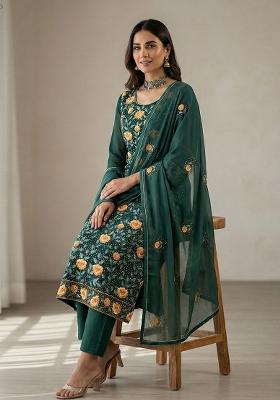Teal Green Embroidered Georgette Kurta Set