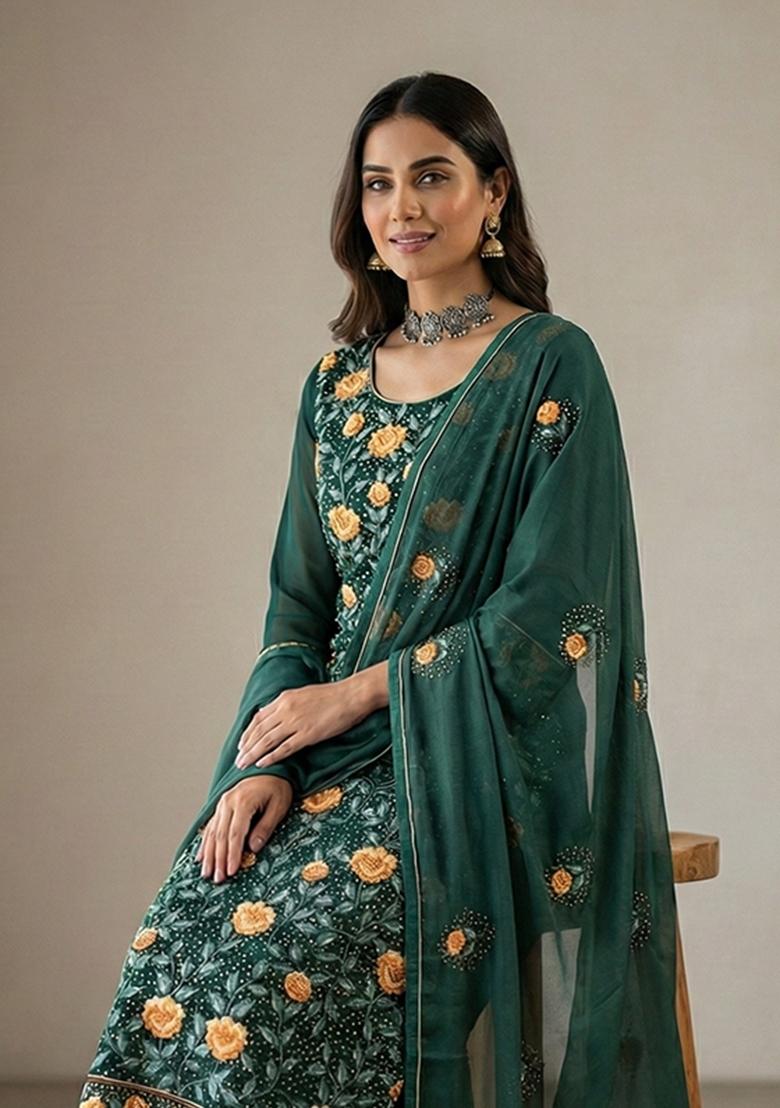 Teal Green Embroidered Georgette Kurta Set - Indya