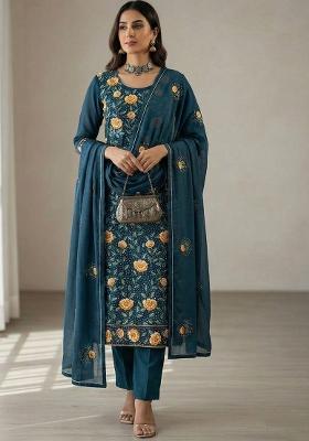 Teal Blue Embroidered Georgette Kurta Set