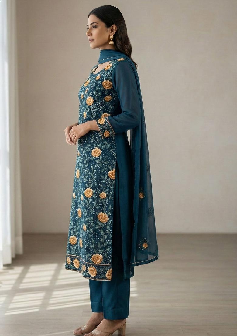 Teal Blue Embroidered Georgette Kurta Set - Indya