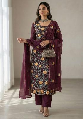 Wine Embroidered Georgette Kurta Set