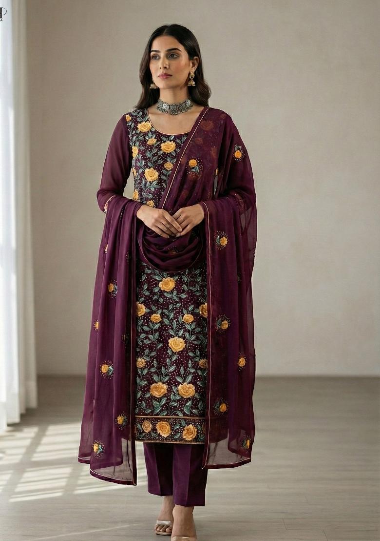 Wine Embroidered Georgette Kurta Set - Indya