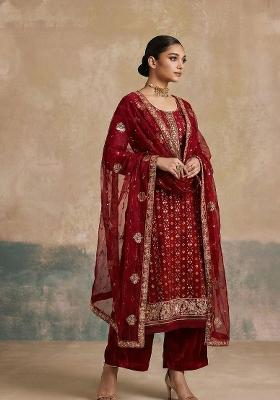 Maroon Embroidered Georgette Kurta Set