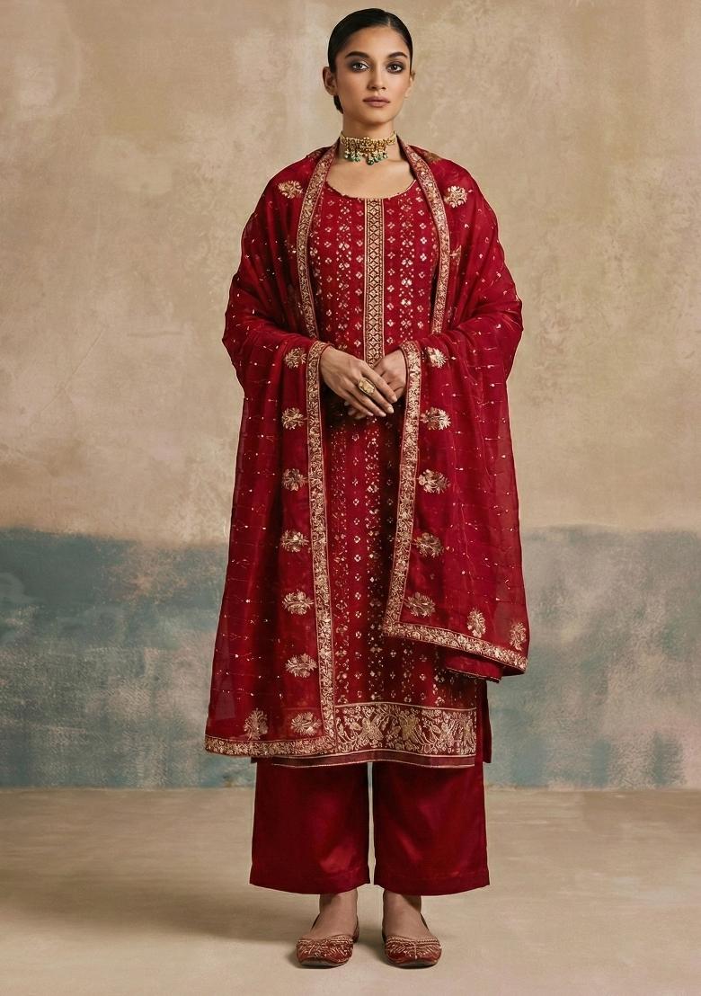 Maroon Embroidered Georgette Kurta Set - Indya