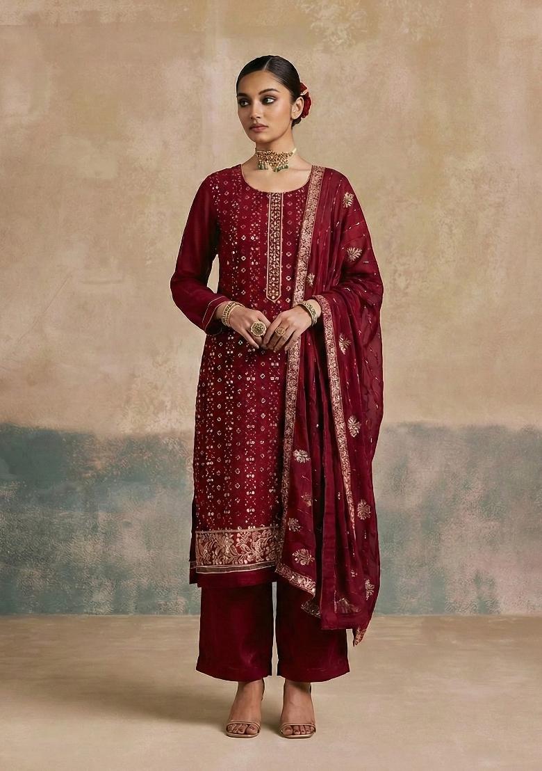 Magenta Embroidered Georgette Kurta Set - Indya