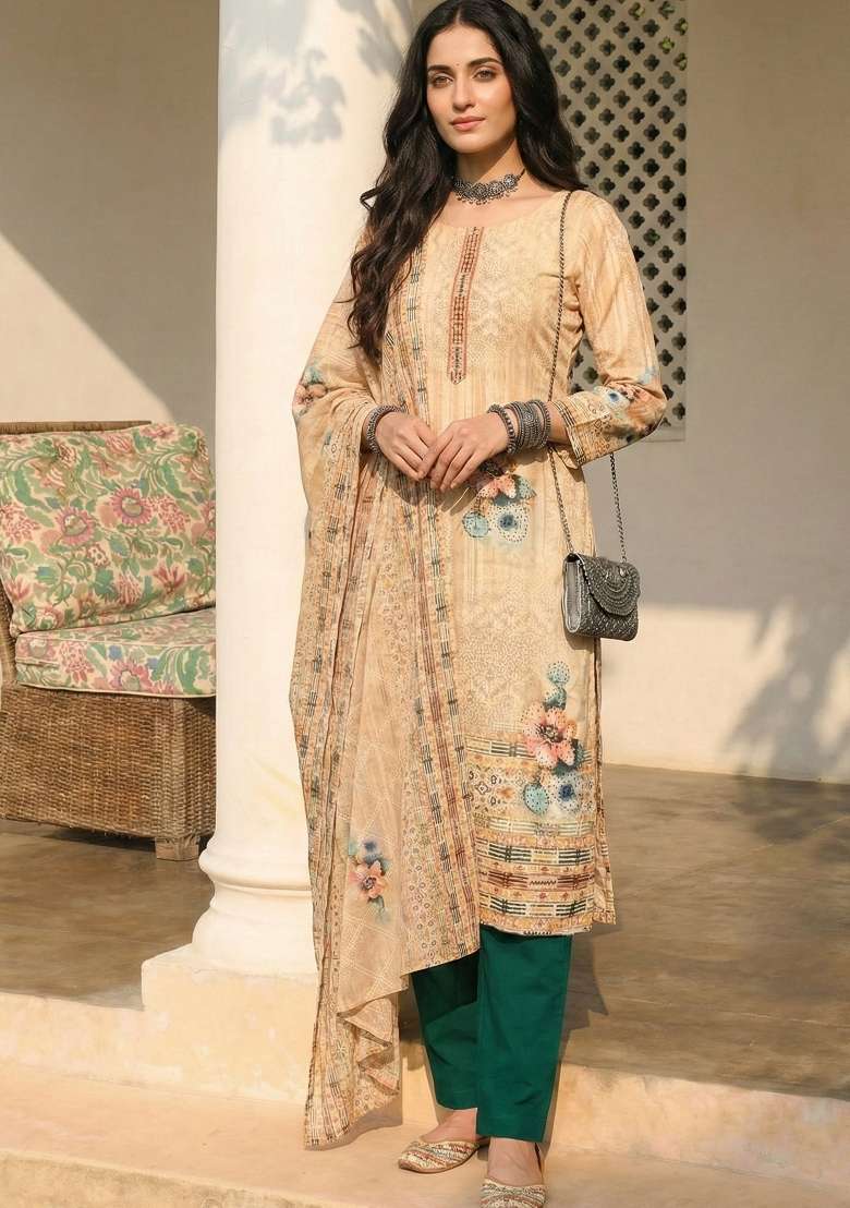 Cream Printed Cotton Kurta Set - Indya