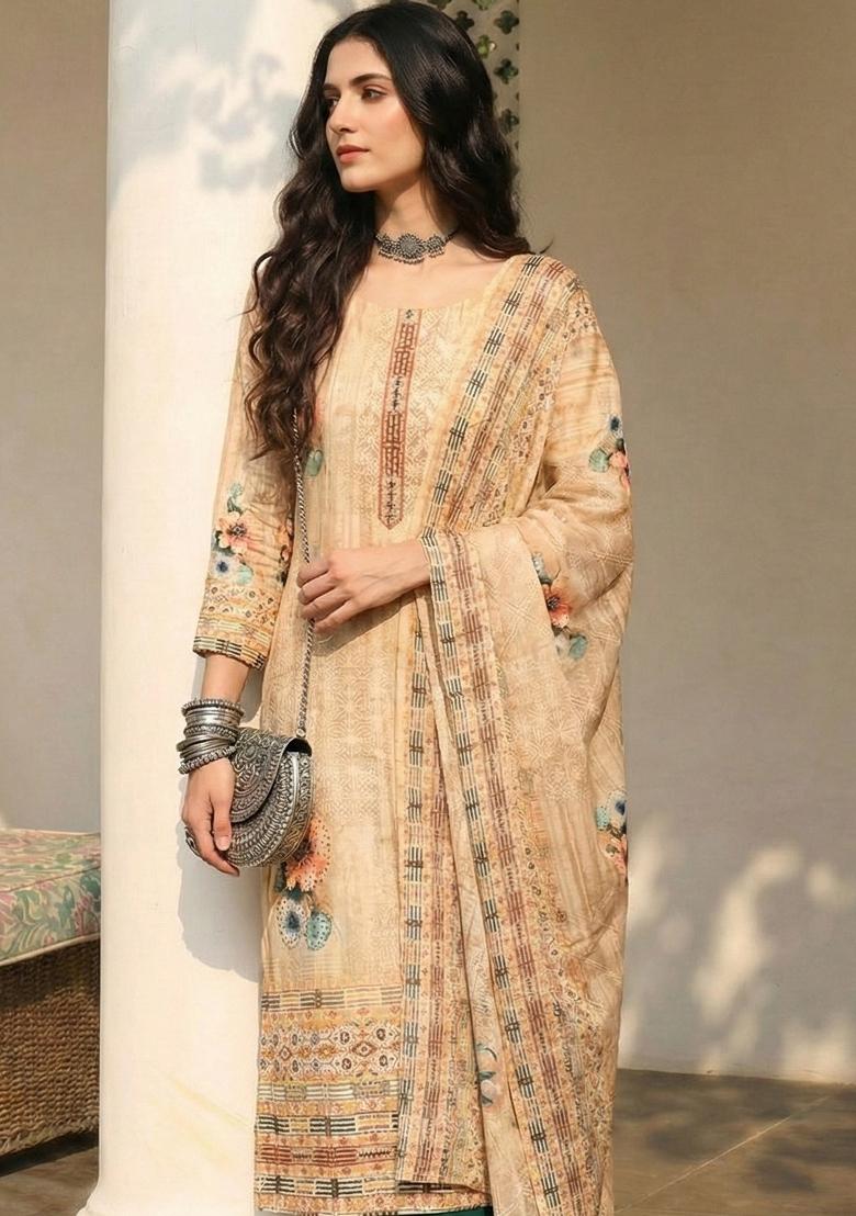 Cream Printed Cotton Kurta Set - Indya