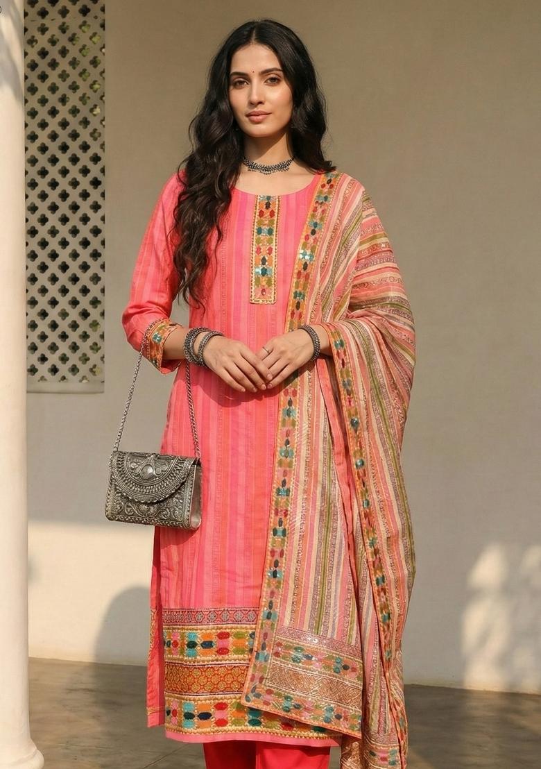 Pink Printed Cotton Kurta Set - Indya