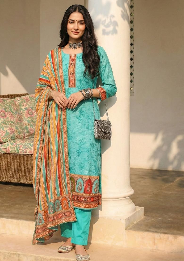 Blue Printed Cotton Kurta Set - Indya