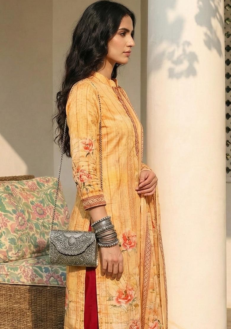 Orange Printed Cotton Kurta Set - Indya
