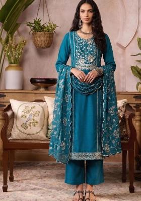 Blue Embroidered Organza Kurta Set