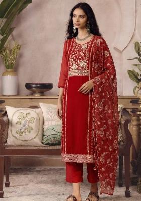 Red Embroidered Organza Kurta Set