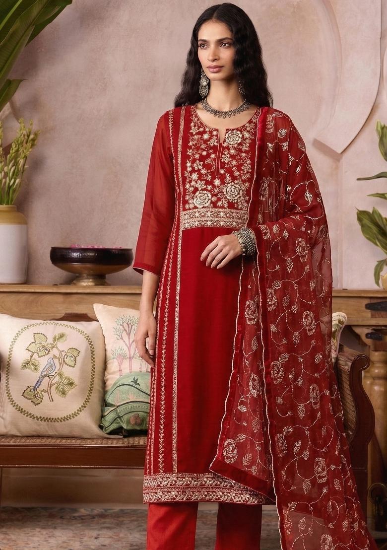 Red Embroidered Organza Kurta Set - Indya