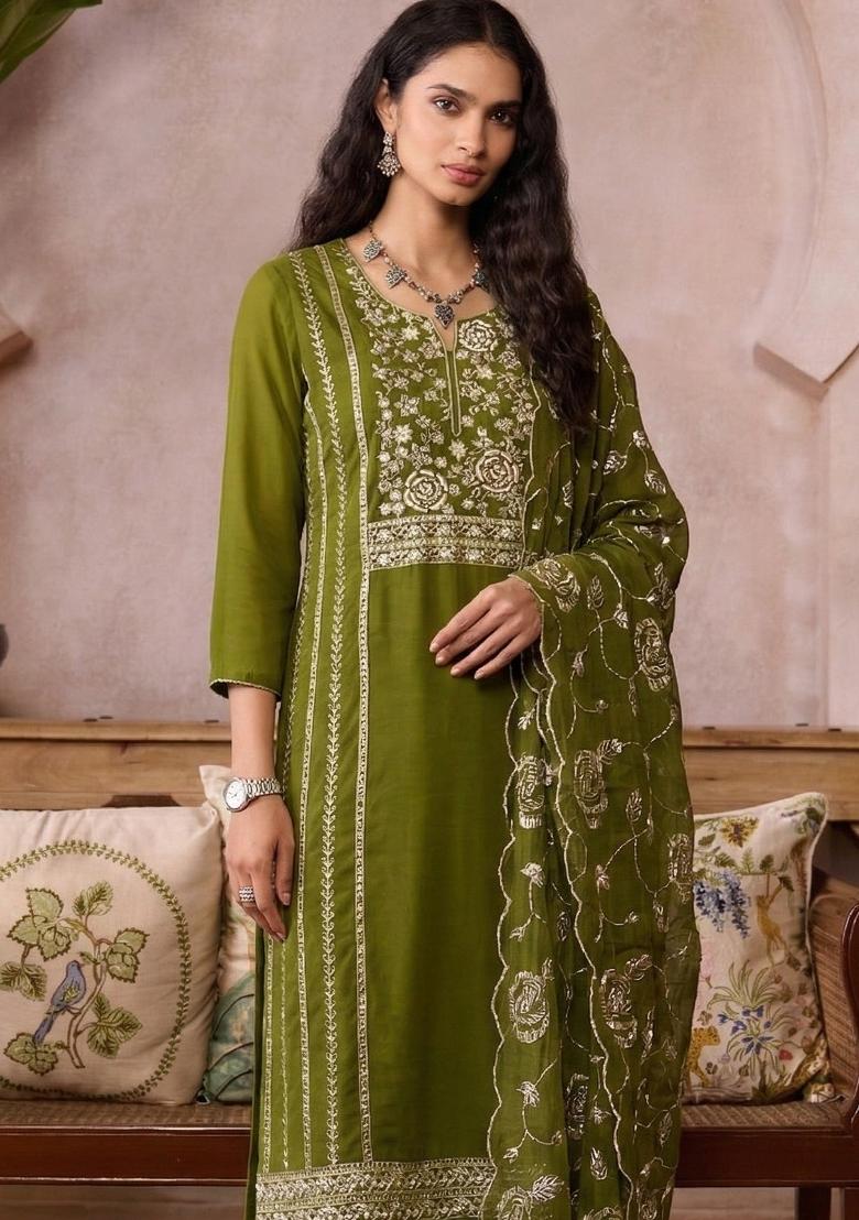 Mehendi Green Embroidered Organza Kurta Set - Indya