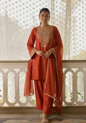 Rust Embroidered Kurta Set