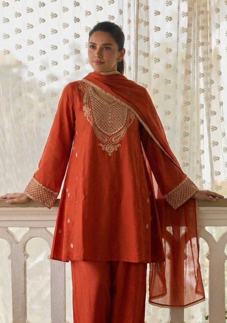 Rust Embroidered Kurta Set - Indya