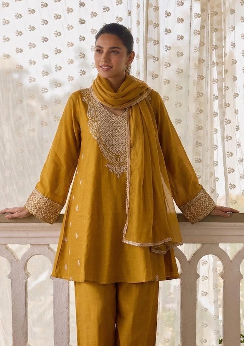 Mustard Embroidered Kurta Set - Indya