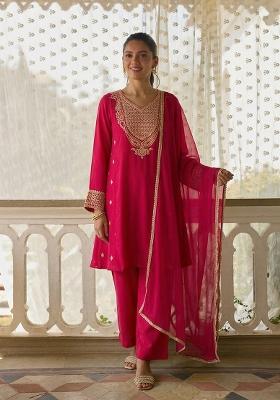 Rani Pink Embroidered Kurta Set