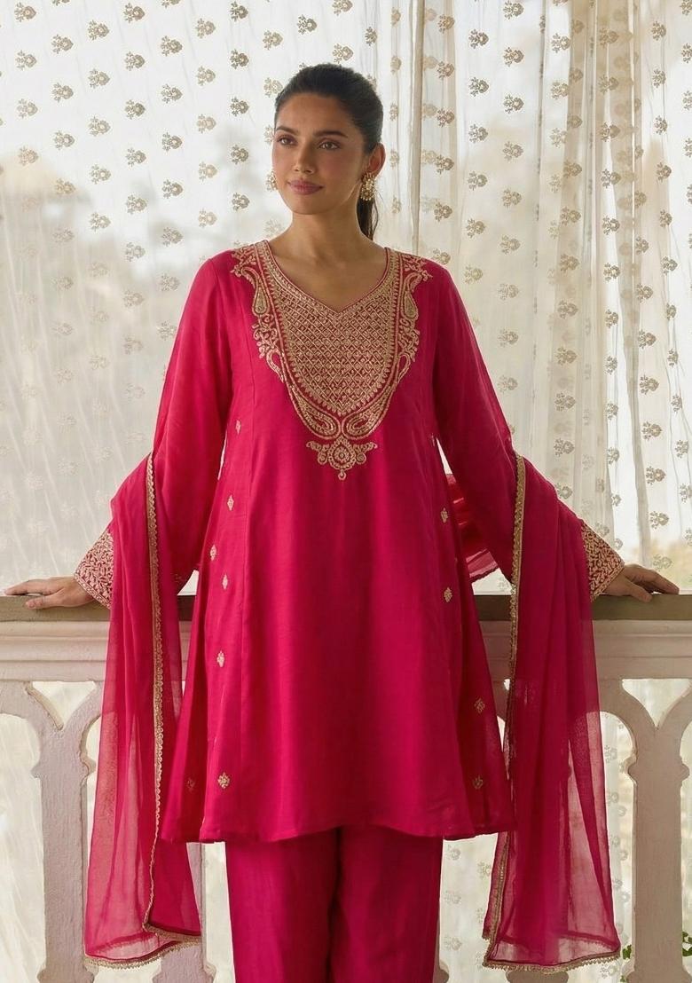 Rani Pink Embroidered Kurta Set - Indya