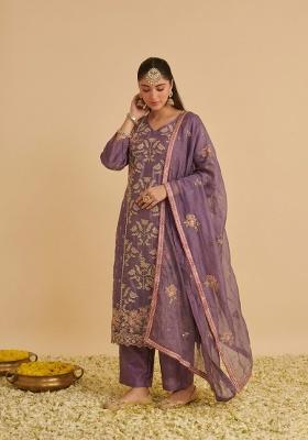 Purple Floral Print Kurta Set