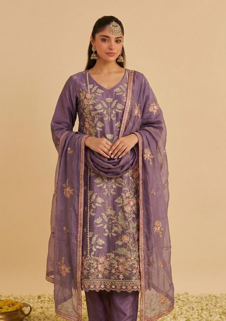 Purple Floral Print Kurta Set - Indya