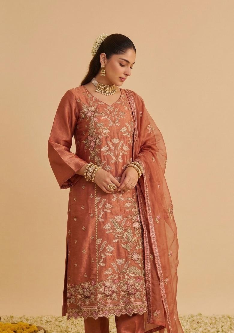 Rust Floral Print Kurta Set - Indya