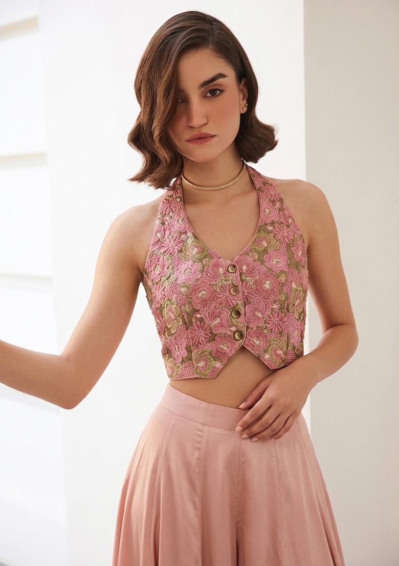 Pink Embroidered Silk Kurta Set - Indya
