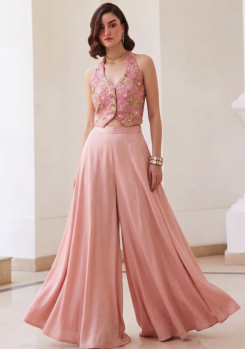 Pink Embroidered Silk Kurta Set - Indya