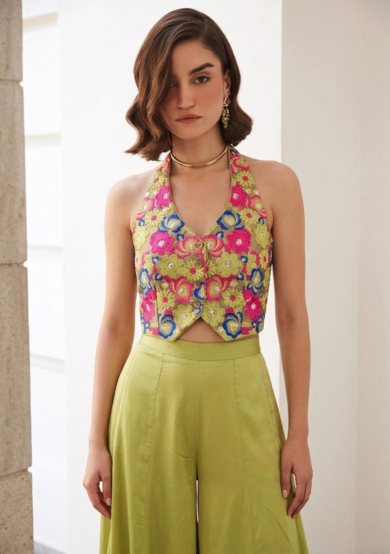 Lime Green Embroidered Silk Kurta Set - Indya