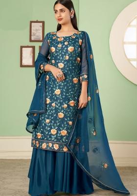 Teal Blue Embroidered Georgette Kurta Set