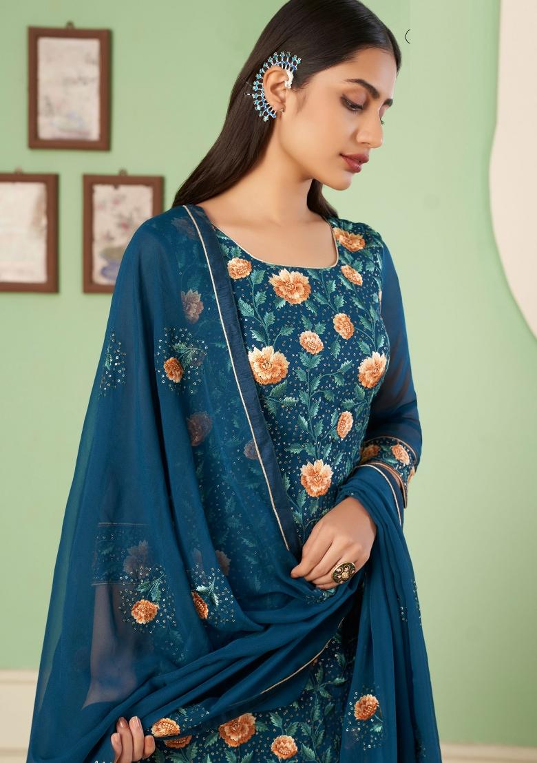 Teal Blue Embroidered Georgette Kurta Set - Indya
