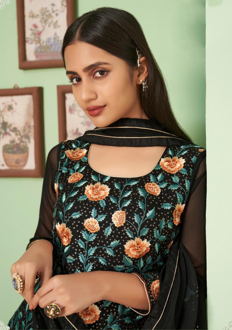 Black Embroidered Georgette Kurta Set - Indya