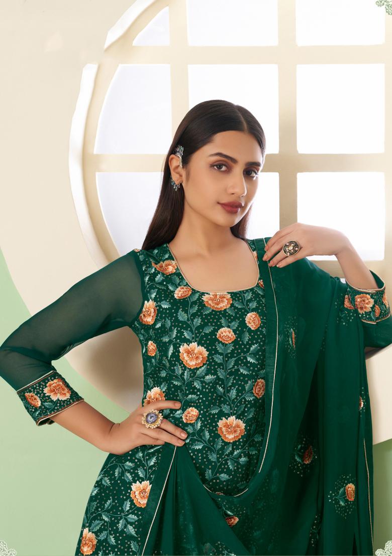 Green Embroidered Georgette Kurta Set - Indya