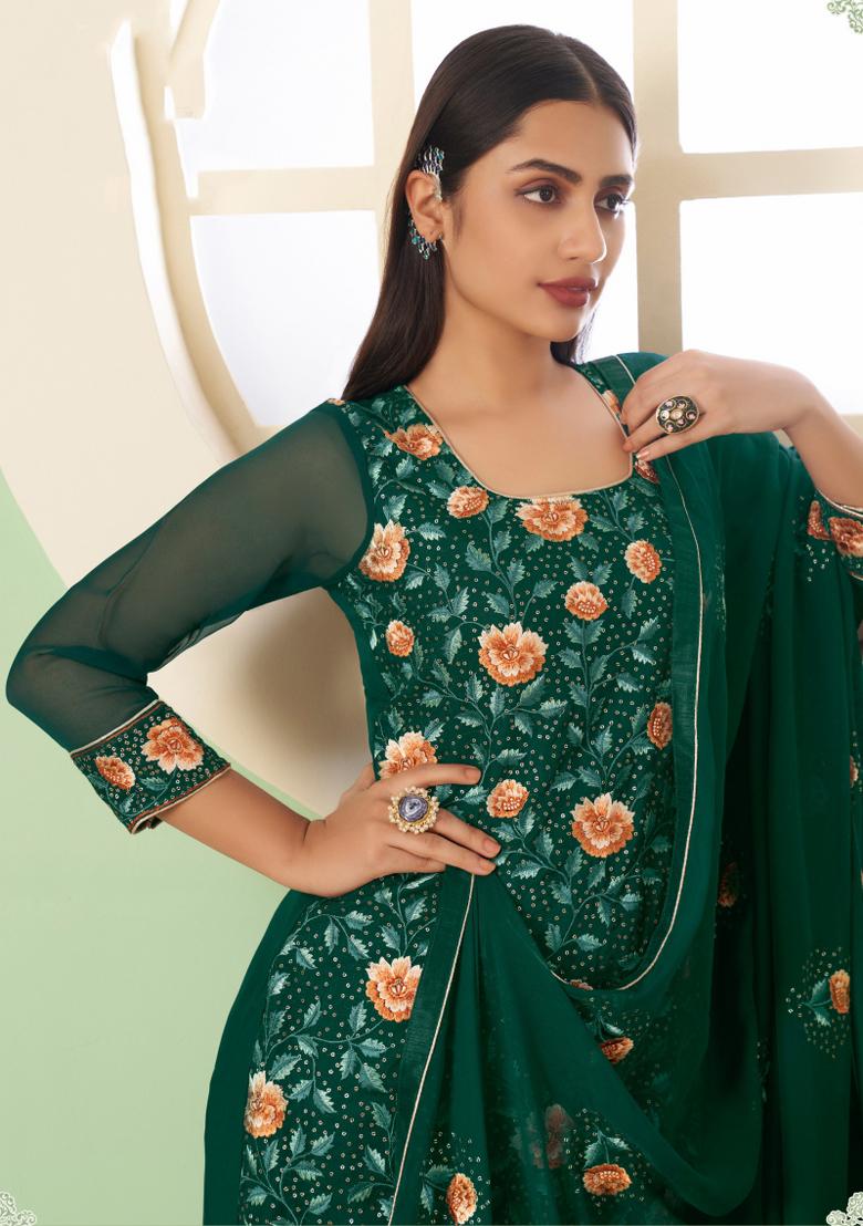 Green Embroidered Georgette Kurta Set - Indya