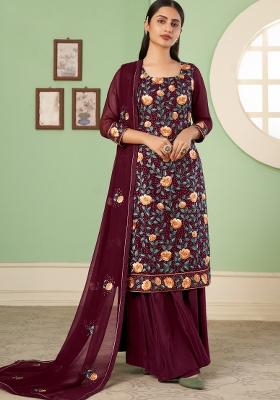 Wine Embroidered Georgette Kurta Set