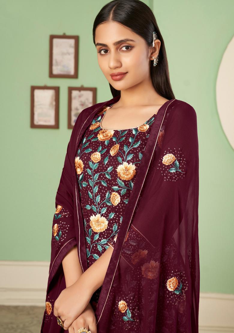 Wine Embroidered Georgette Kurta Set - Indya