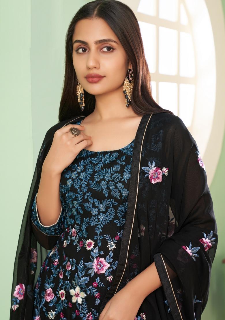 Black Embroidered Georgette Kurta Set - Indya