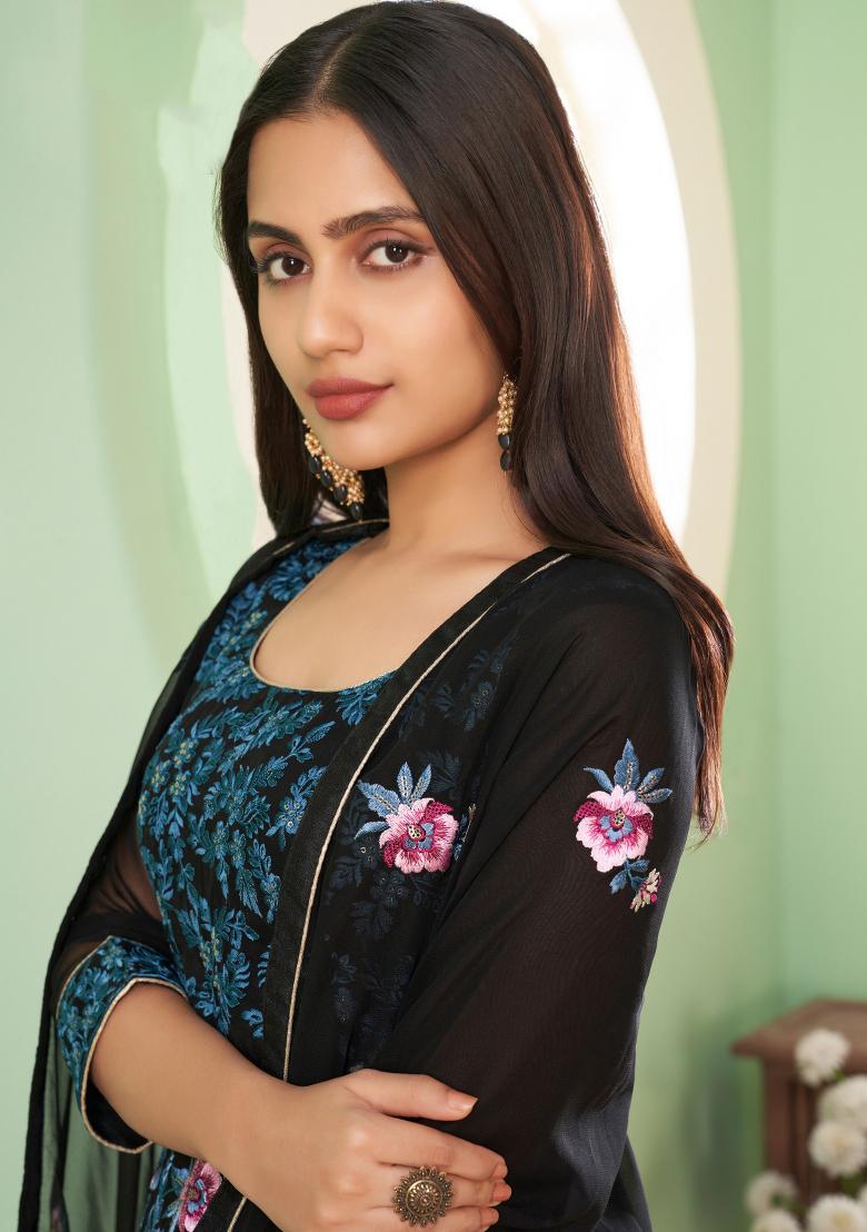 Black Embroidered Georgette Kurta Set - Indya